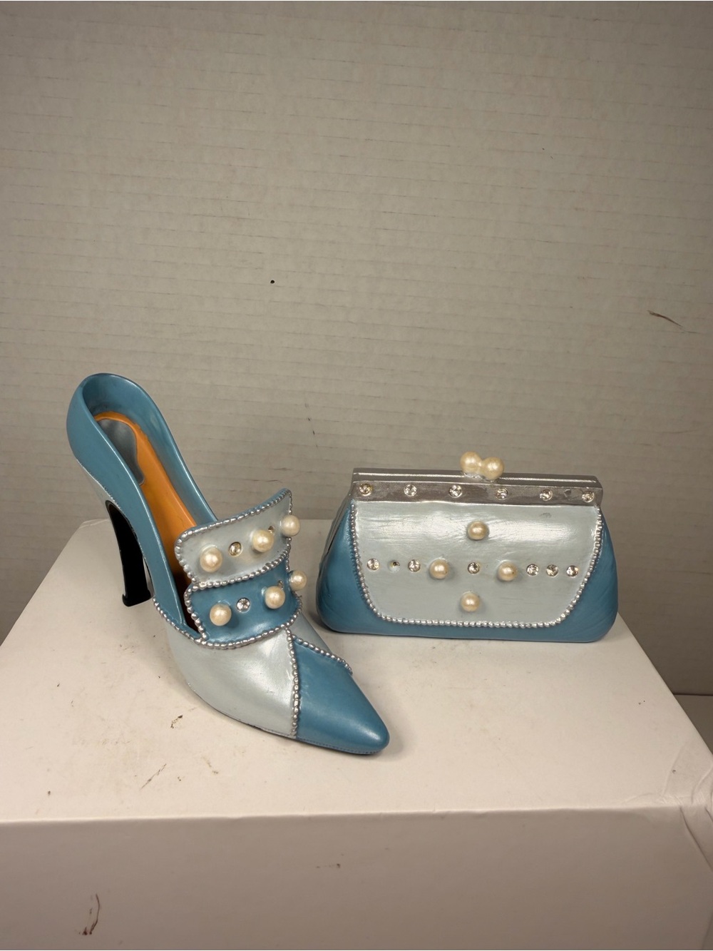 Avon All Dressed Up Blue Pearl High Heel Shoe and Handbag Miniature Figurines